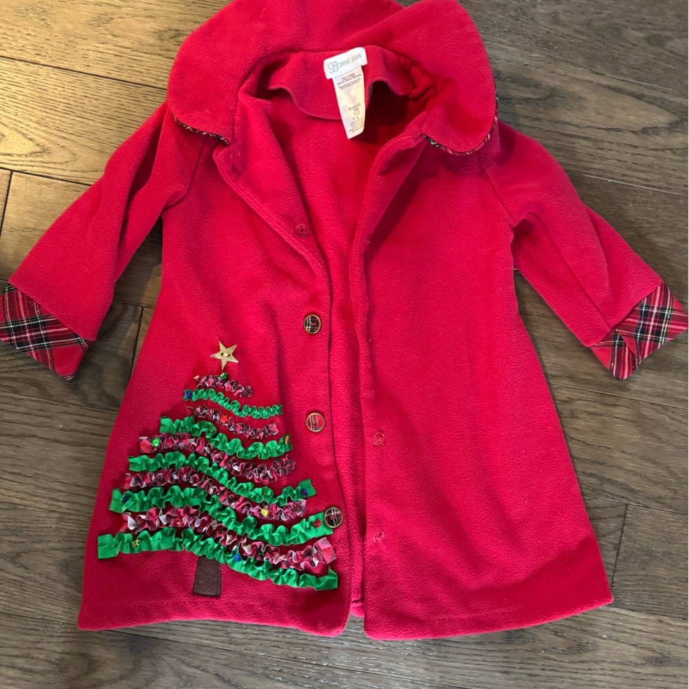 Bonnie Jean Red Pea Coat with Festive Tree Design